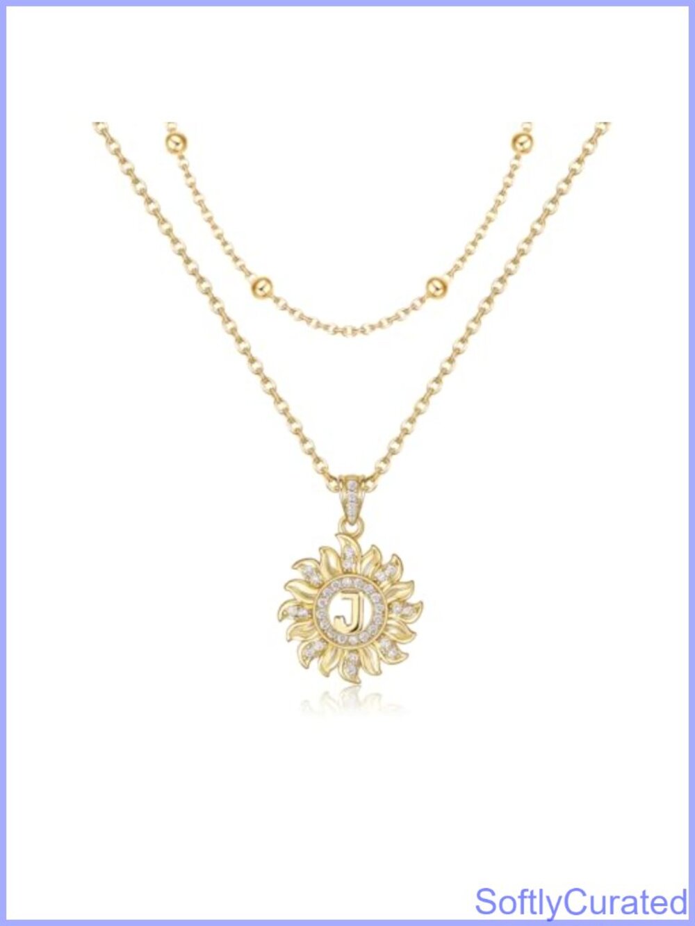 14k Gold Plated Sunflower Initial Necklace Cubic Zirconia Layered Pendant